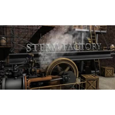 An old-fashioned factory with steam machines and text on a hanging metal beam.