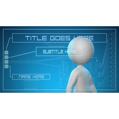 A stick figure operates a clear touch-screen surface to create a title page with your custom text.