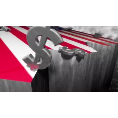 Dollar symbols fall over the edge of a stars and strips cliff. This clip-art can represent the decline of the dollar or a looming fiscal cliff.