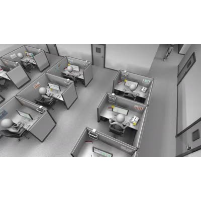 An office of stick figures work at their computers in cubicles.