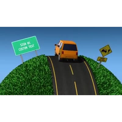 A car travels along a road of a small grassy world with sign that you can customize with your message.