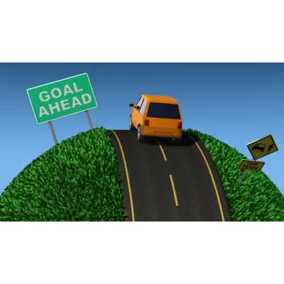 A car travels along a road of a small grassy world with signs that read GOAL AHEAD and SUCCESS.