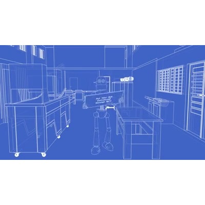 A wacky robot takes a board with your custom message and hangs it up for you to see.