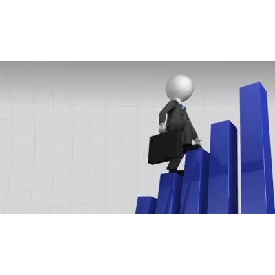 A business figure continuously climbs a bar large bar graph with a briefcase in hand.