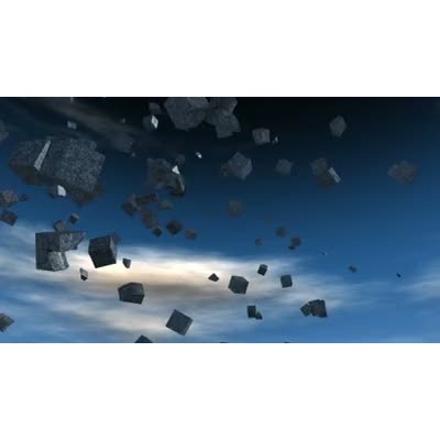 A cluster of floating blocks form together to create a dollar symbol in the sky.