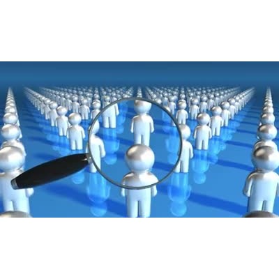 A magnifying glass swoops over a large group of figures, searching for the right one.