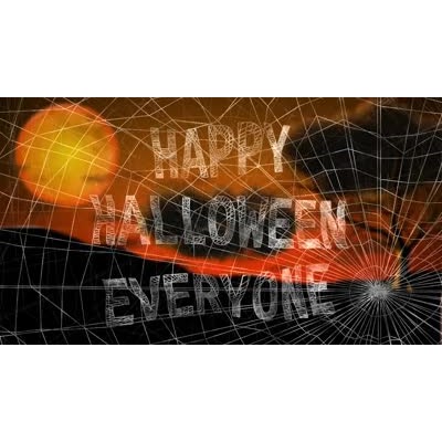A spooky landscape with your custom text written into a spiderweb.