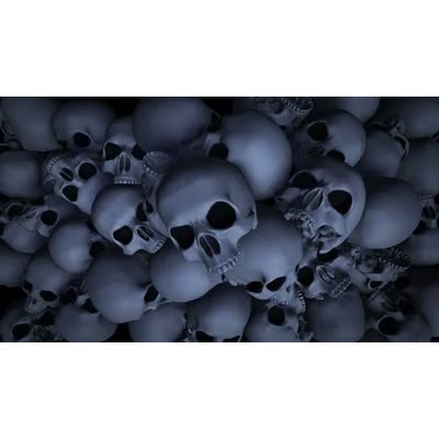A video of a pile of skulls in a graveyard setting with lightning illuminating the heads.