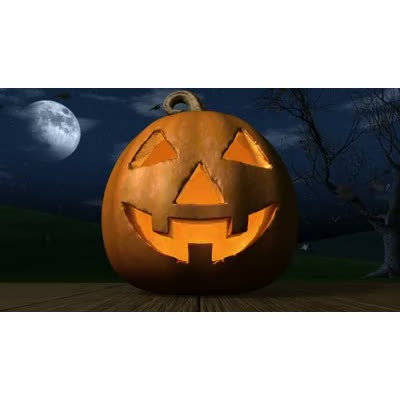A pumpkin with a face carved into it sits out on a porch on a windy moonlit night.