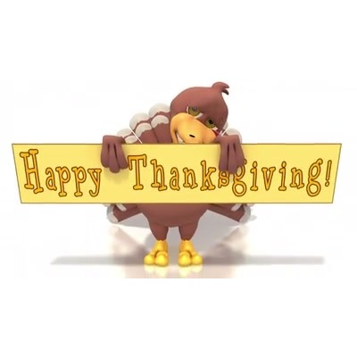 A turkey runs back and fourth then pops up with a big smile while holding a Happy Thanksgiving sign.