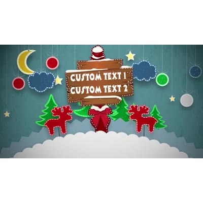 An animated video background with pop-up Christmas elements on a theater type stage also with a pop-up sign to put your own custom text.