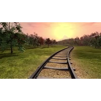 A front view as a you travel down some train tracks as the sun hangs low in the sky.