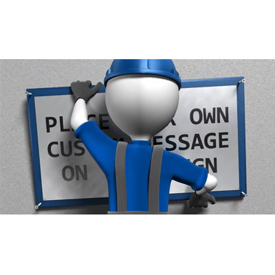 A construction worker screws a sign with your custom message to a wall.