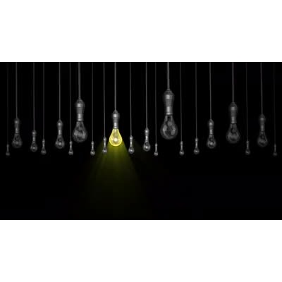 This video shows many hanging light bulbs with only one of them lit.