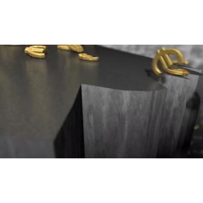 Eurosymbols fall over the edge of a cliff. This clip-art can represent the decline of the euro or a looming fiscal cliff.