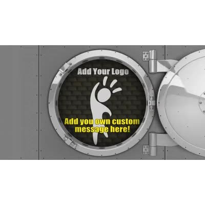 This custom design video shows a secure vault opening to reveal you custom design.  In the Custom Message tab double click on the text in the work area to change to your own.
