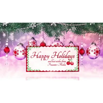 This custom design video shows hanging ornaments from pine as snow falls down and a swinging sign which you can customize with you own message.  In the CUSTOMIZE YOUR MESSAGE tab double click on the text to put in your own words.