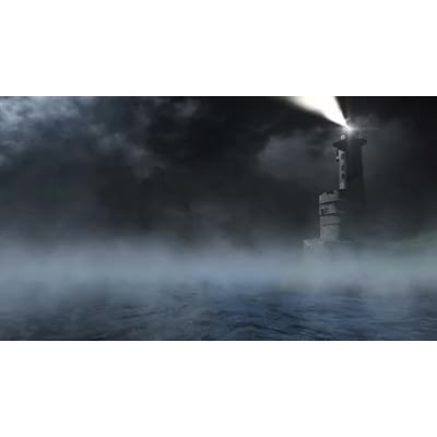 A lighthouse shines it&#039;s light over a foggy sea.