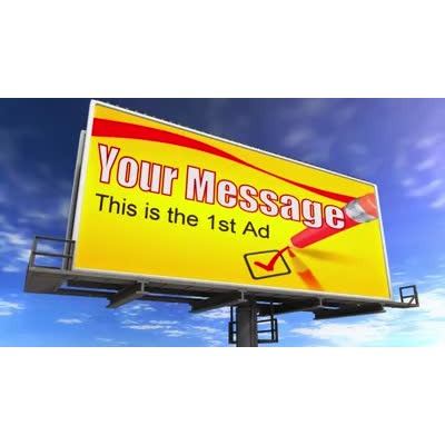 A custom design video of a large advertisement billboard with a blue sky and rolling clouds in the background.  You can customize three ads on this billboard with our own text and images.