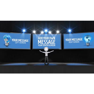 This custom design video shows a figure giving a presentation on a stage showing three screens.  You can customize each screen with your own text and images.  &lt;br&gt;&lt;br&gt;You can your own spinning logo or saying to the intro screen.  Delete unwanted images by selecting item and hitting the x in the layers on the left side of the work area.