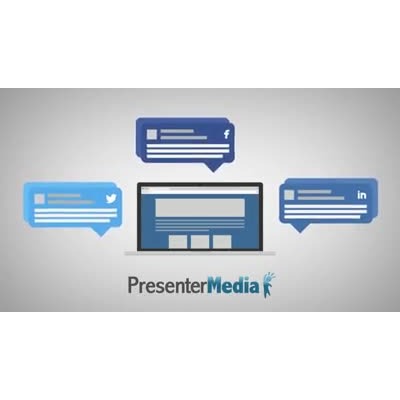 The floating speech bubbles above computer with lower third graphic.