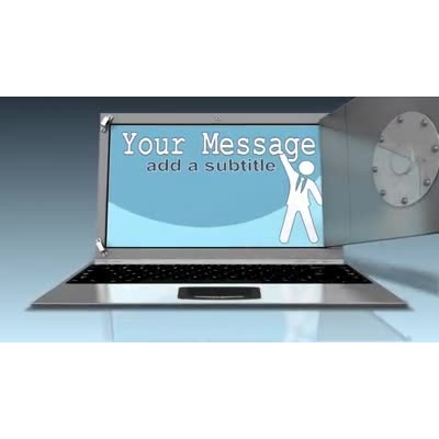 This custom design video shows a vault lock on the screen of a laptop computer which opens to reveal the screen behind.  You  can customize the screen with you own text and images.