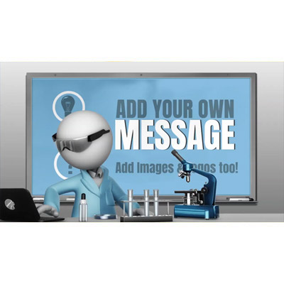 This custom design video shows a scientist working in front of a marker board.  You can customize the board by adding your own text and images.