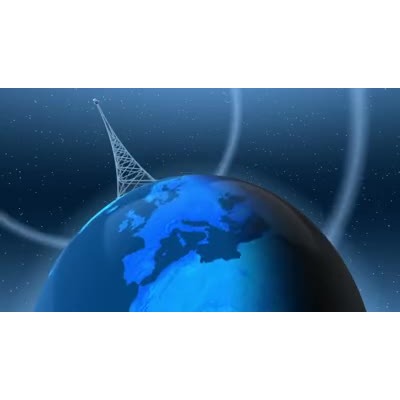 A giant tower sends a signal over the earth and into outer space as the world spins.