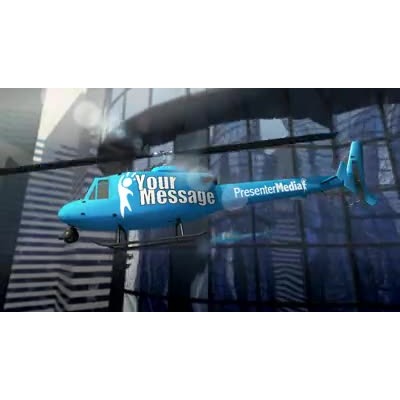 This custom design video shows a helicopter flying through city buildings observing with a mounted camera.  You can customize the helicopter by adding your own text and images.