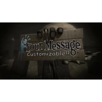 This custom design video shows the camera stopping in front of a grave stone after a fly through of a graveyard.  A scary hand then pops out of the ground holding a sign which you can customize by adding your own text and images.&lt;br&gt;&lt;br&gt; Images and text in work area will come out slightly de-saturated in final video.