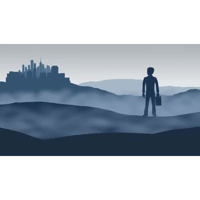 A business man stands on a foggy landscape overlooking a city in the distance.