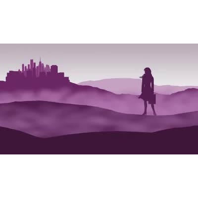 A business woman stands on a foggy landscape overlooking a city in the distance.