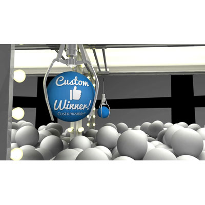 This custom design video shows a claw machine game with the claw crabbing a winning ball that is different from the others.  You can customize the winning ball with your own text and images using the online customizer.