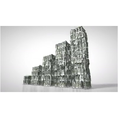 A group of 100 dollar bills falling form into a bar graph.