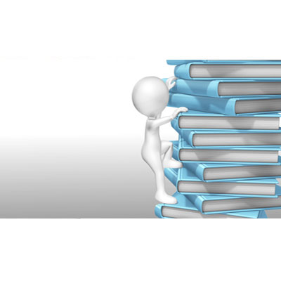This video shows a figure continuously climbing up a book stack. 