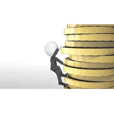 This video background shows a man business figure continuously climbing a stack of gold money.