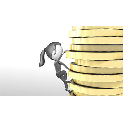 This video background shows a woman business figure continuously climbing a stack of gold money.