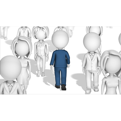 A lone figure walks against the flow of the crowd.