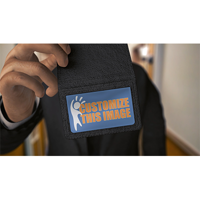 A man in a suit walks up a hallway and pulls out an ID with your custom design on it.