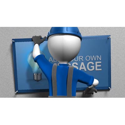 A construction worker screws a sign with your custom message to a wall.