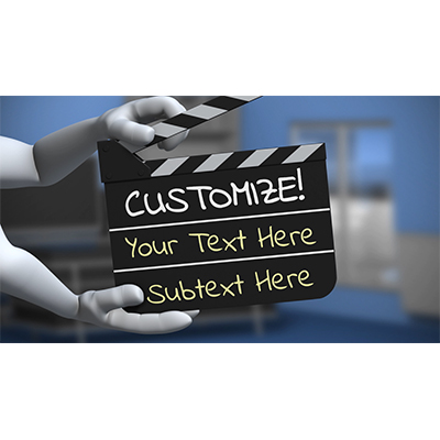 A pair of hands hold a movie clapboard with your custom message on it.