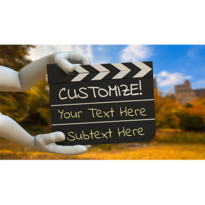 A pair of hands hold a movie clapboard with your custom message on it.