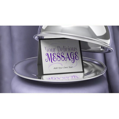 An image of a silver platter with the lid opened to reveal a card for you to put your own custom text and design on.