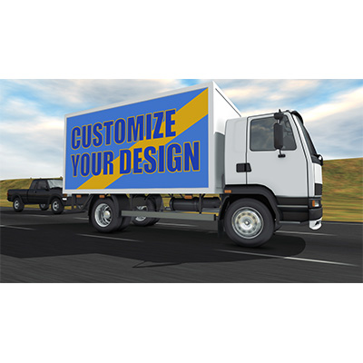 Customize the message on the cargo van traveling down a road.