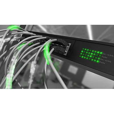 Glowing streams of data travel in and out of this network switch.