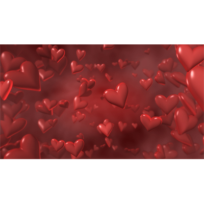 Valentine hearts rise against a red background.