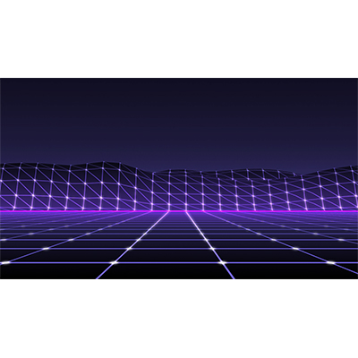 An 80s style vectored landscape scrolls from right to left.