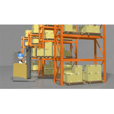 This video shows a warehouse worker moving pallets of boxes from one rack to another.