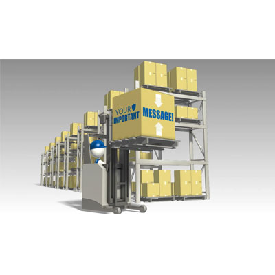 This custom design video shows a warehouse worker using a forklift to pick a box.  You can customize the box by adding your own text and images using the online customizer.