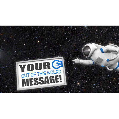 This custom design video shows a customizable sign floating in space with a astronaut floating behind trying to catch it.
